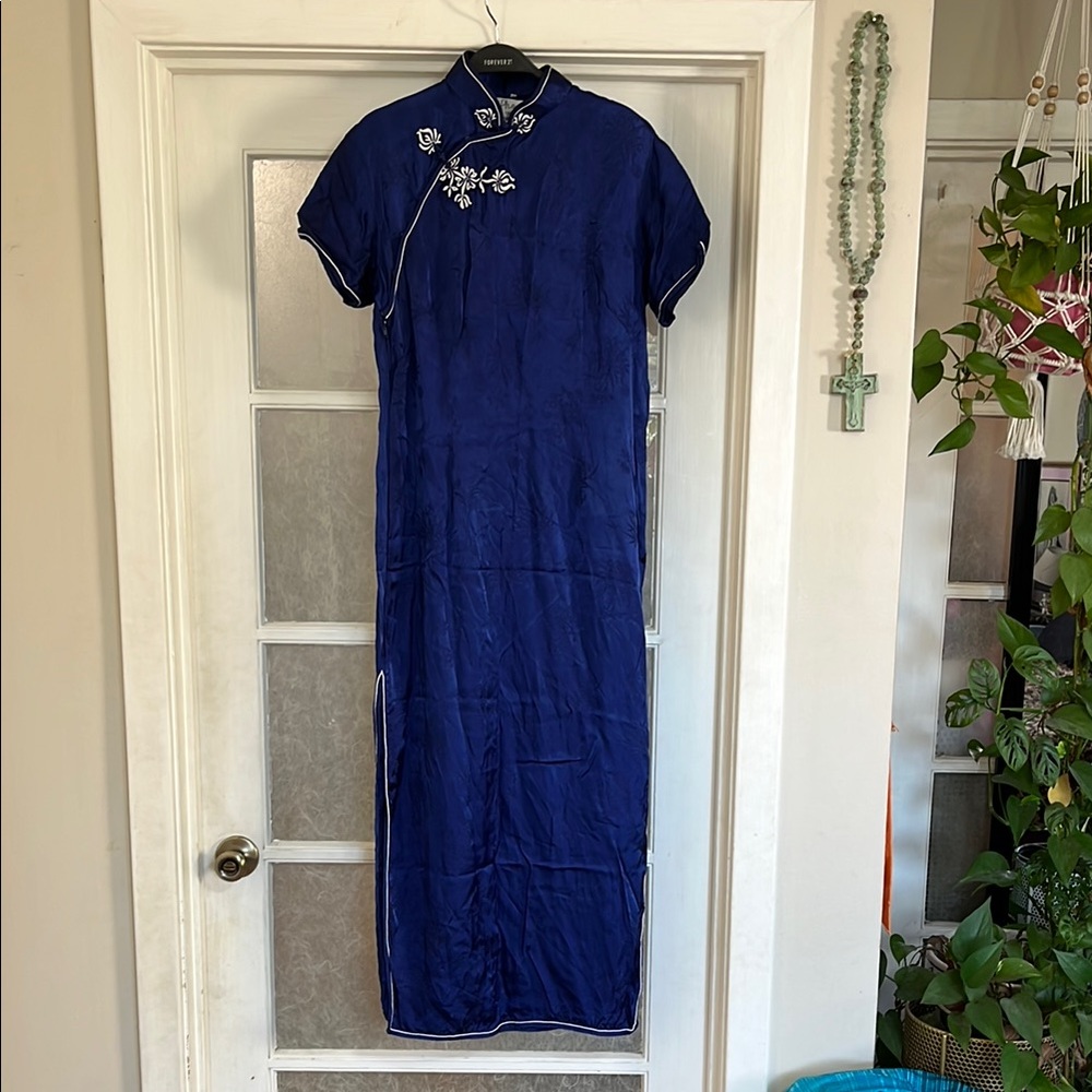 Elegant Blue Vintage Rayon Cheongsam Dress